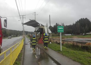 Techumbre voló por el fuerte viento y cayó sobre paradero en Coelemu