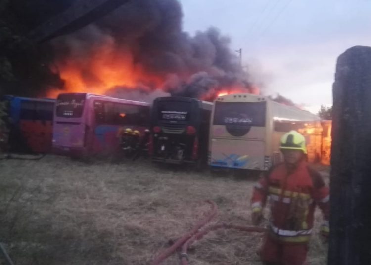 Incendio destruyó 15 buses de empresa «Línea Azul» de Chillán